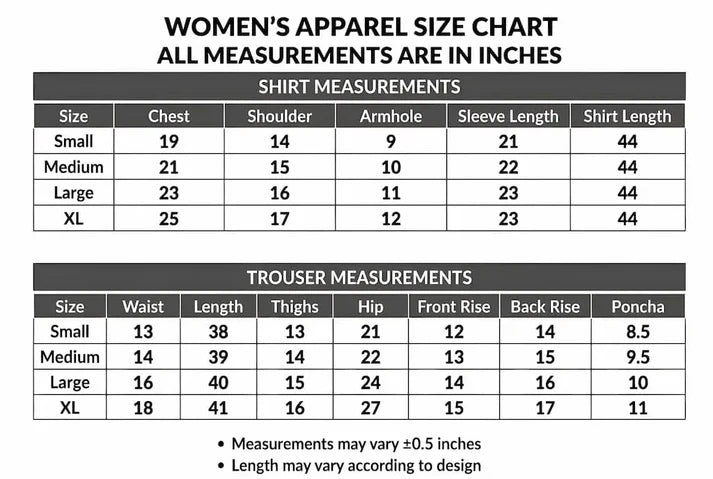 Size chart for women's apparel with measurements in inches.