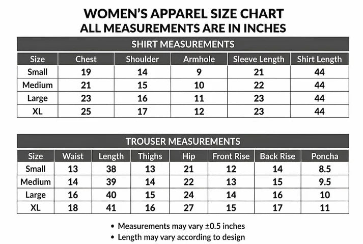 Women's apparel size chart
All measurements are in inches 