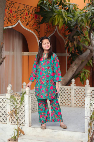 Green Rose Embroidered Short Shirt - 2pc Digital Print