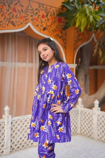 Purple Daffodil | 2pc Digital Print Short Frock