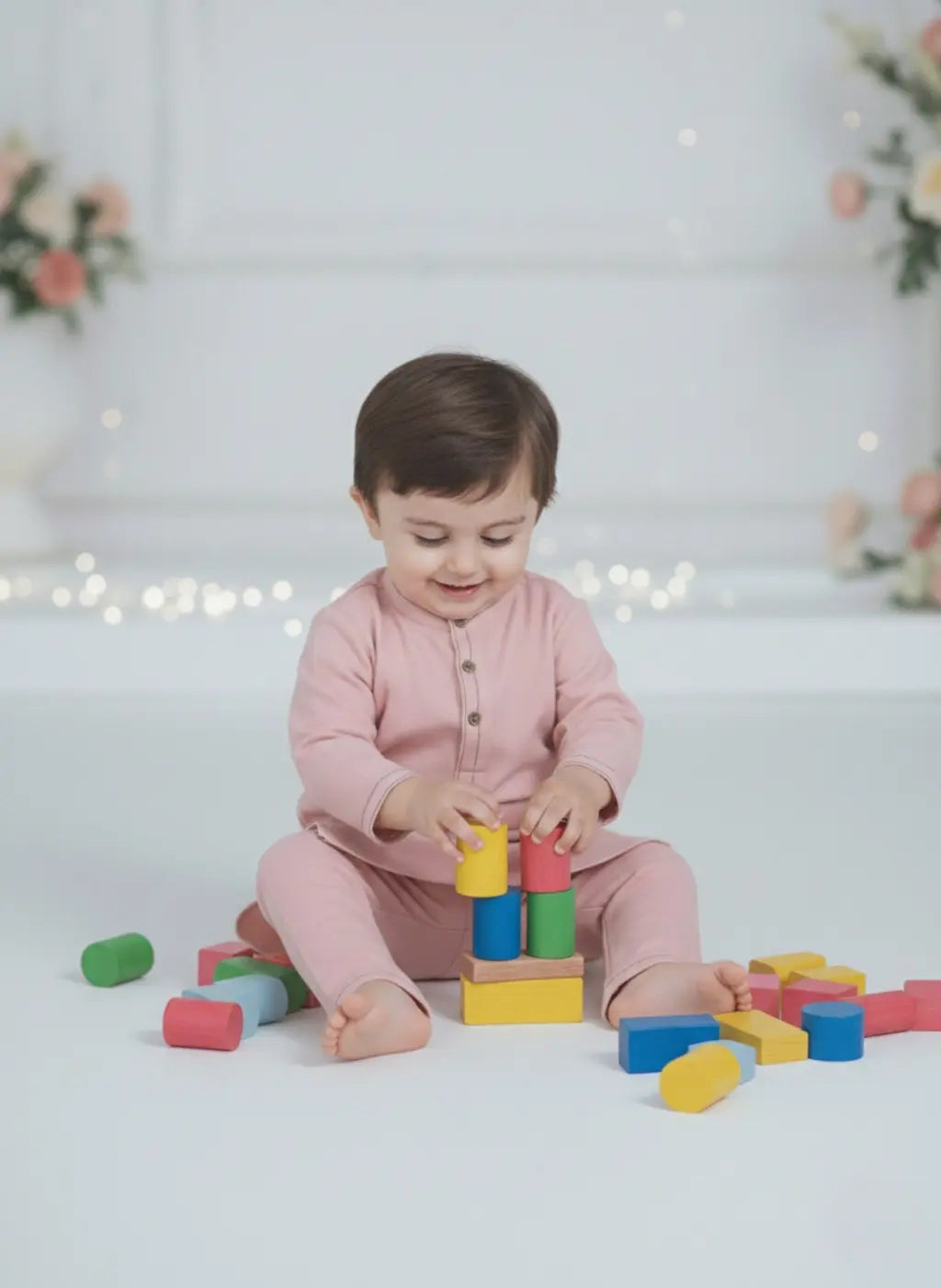 Child playing with colorful blocks on a light background