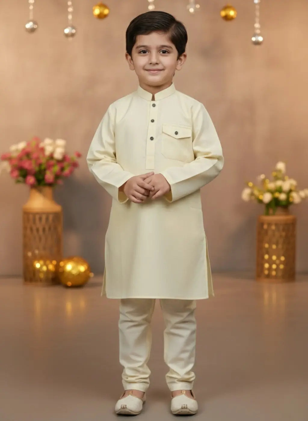 Young boy in a cream kurta with a decorative background