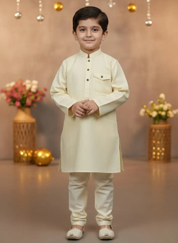 Young boy in a cream kurta with a decorative background
