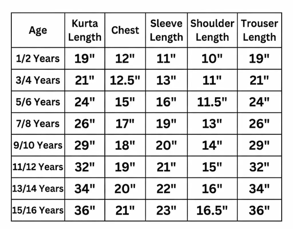 Table showing measurements for kurta, chest, sleeve, shoulder, and trouser lengths by age group.