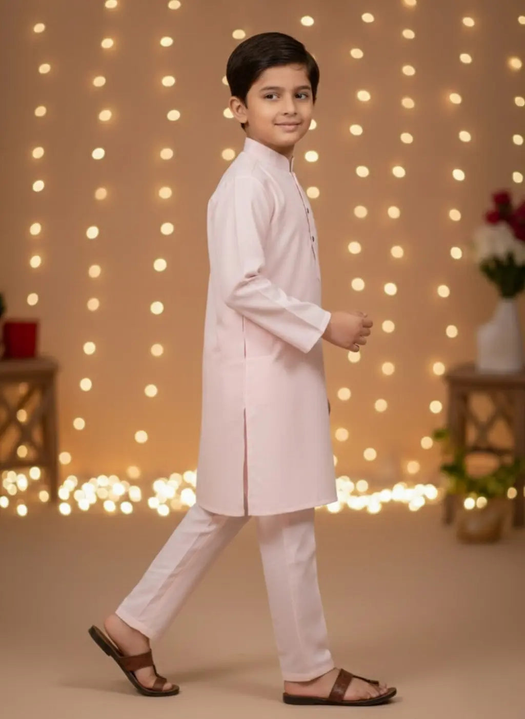 Young boy in a light pink traditional outfit standing against a warm-toned background with string lights.