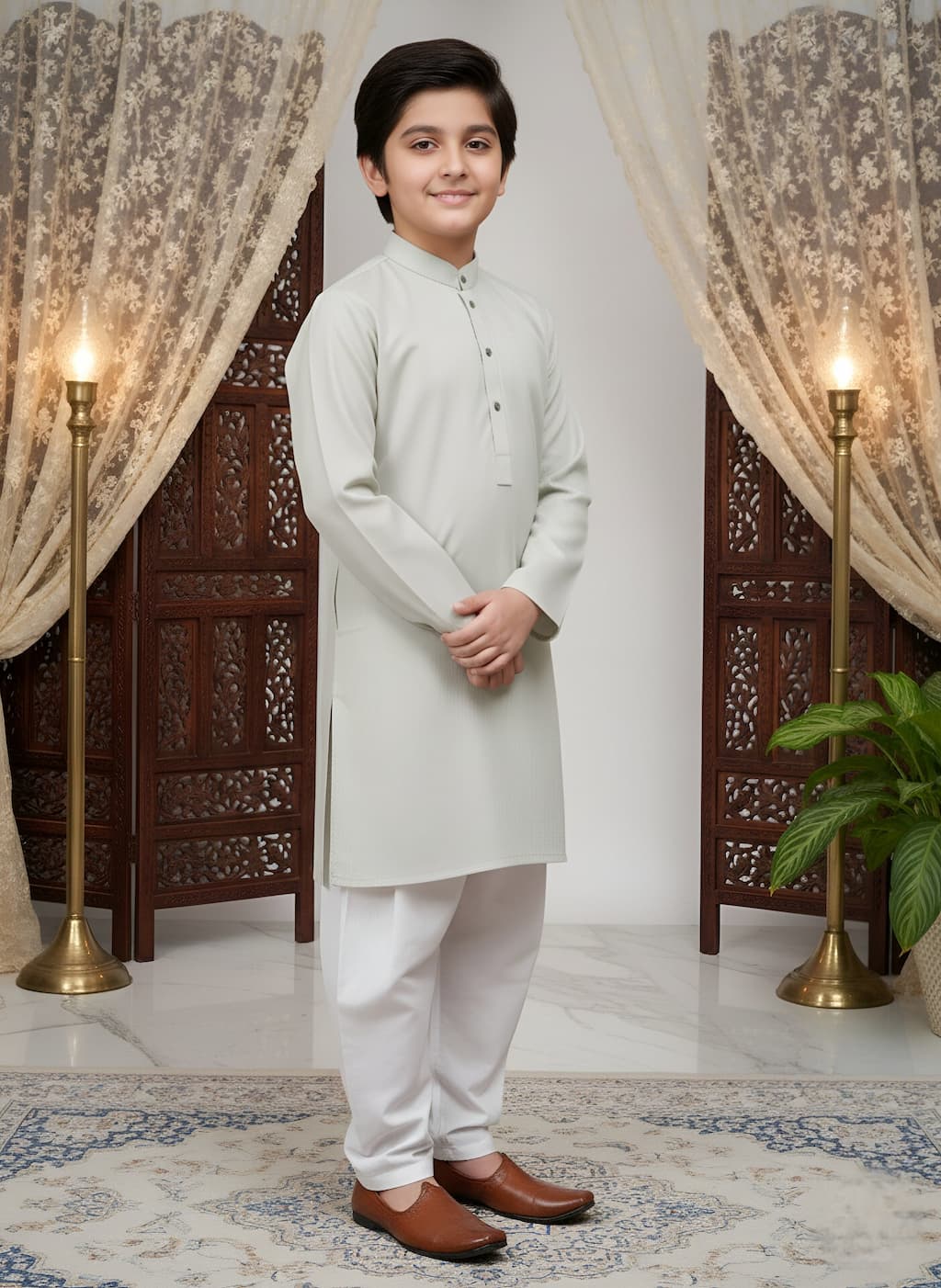 Young boy in a pistachio kurta with white pants standing in a decorated room.