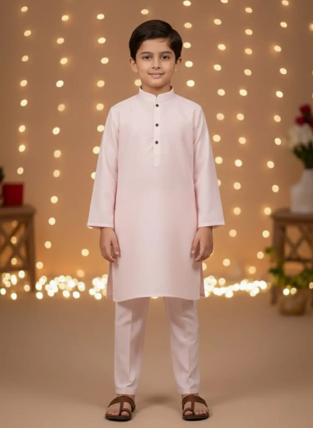 Young boy in a light pink kurta standing in front of string lights