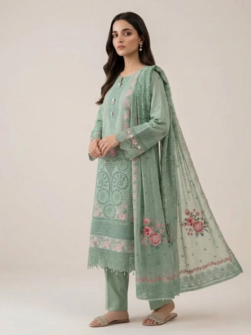Flora 01 | 3PC Pastel Green Chikankari Cotton Lawn Stitched Ensemble