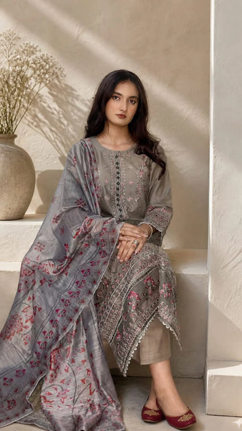 Mist 02 - 3PC Stitched Dusty Brown Embroidered Cotton Lawn Suit by Sparkles Pret