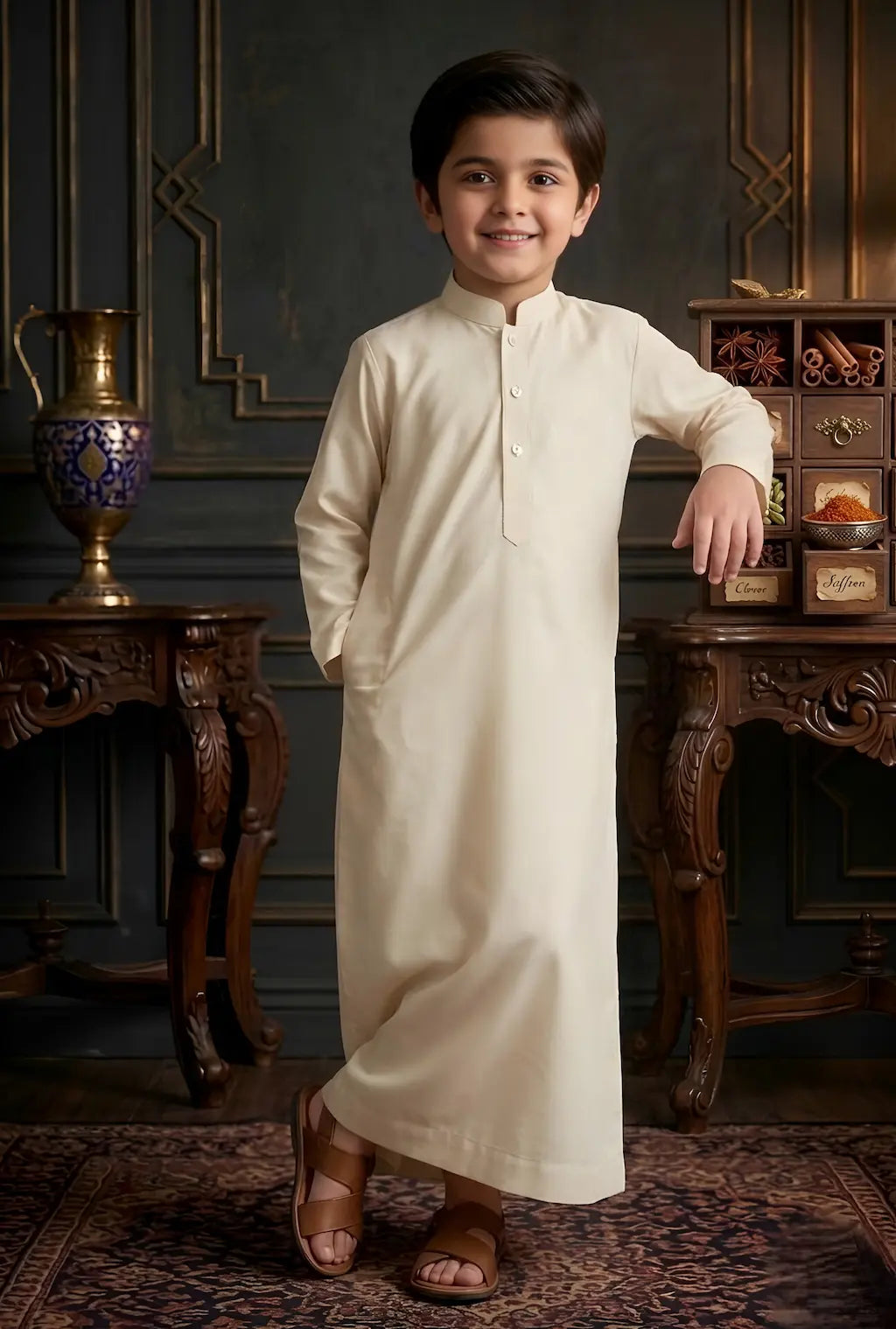 Young boy in a white traditional outfit standing in an ornate room.