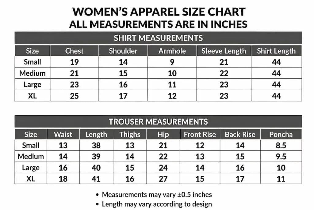 Size chart for women's apparel with measurements in inches.