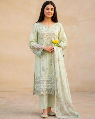 Aura-01 - Mint Green Embroidered Stitched 3-Piece Lawn Cotton