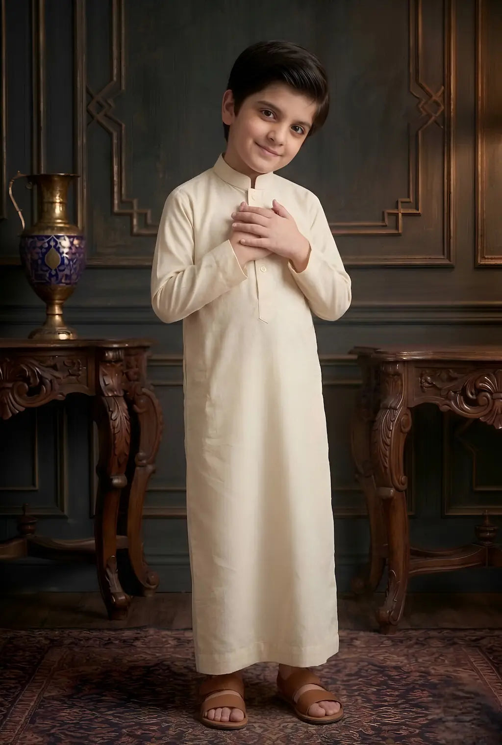 Young boy in a white traditional outfit standing in a room with ornate walls and furniture.