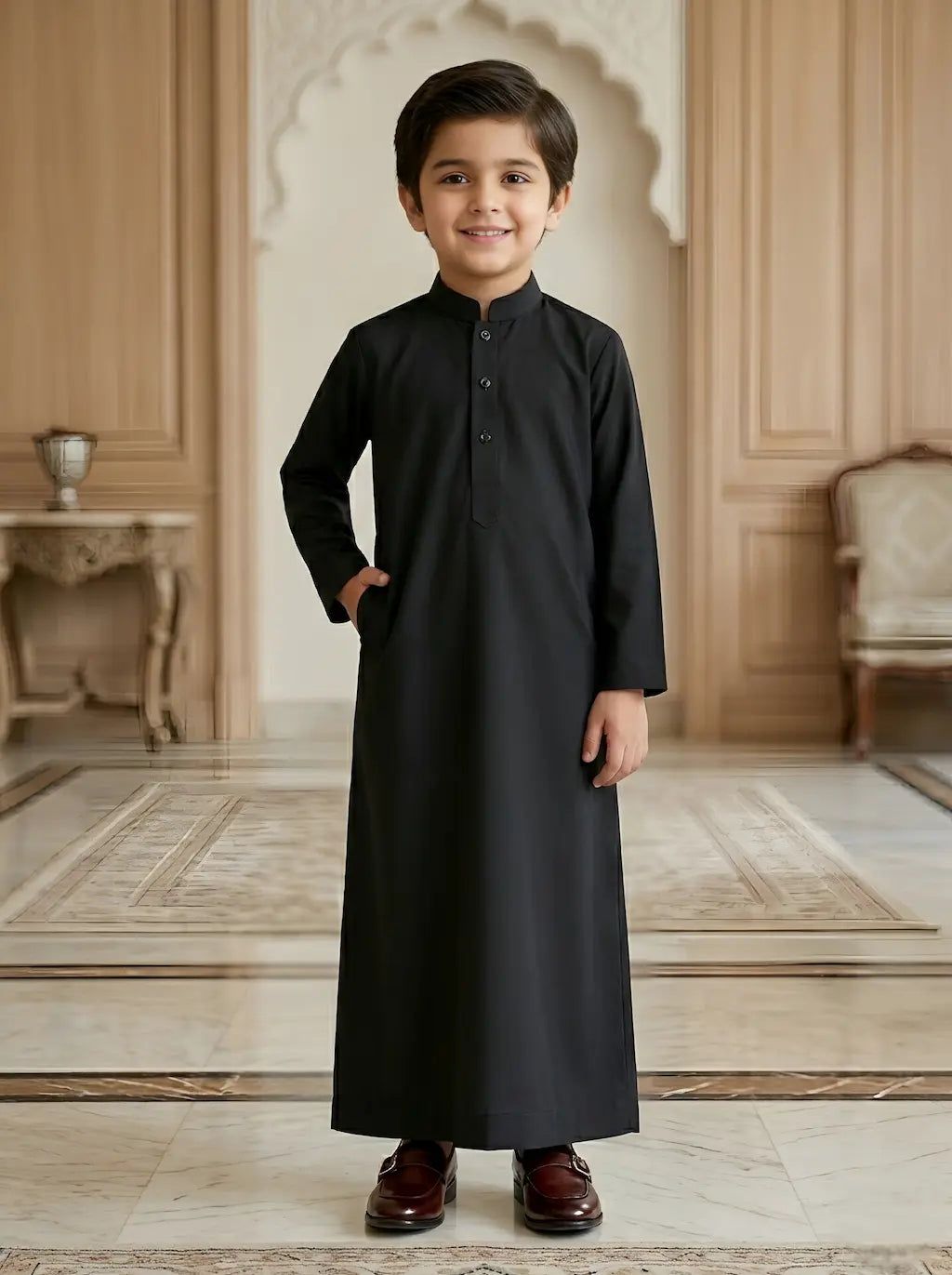Young boy in a black traditional outfit standing in an elegant room.