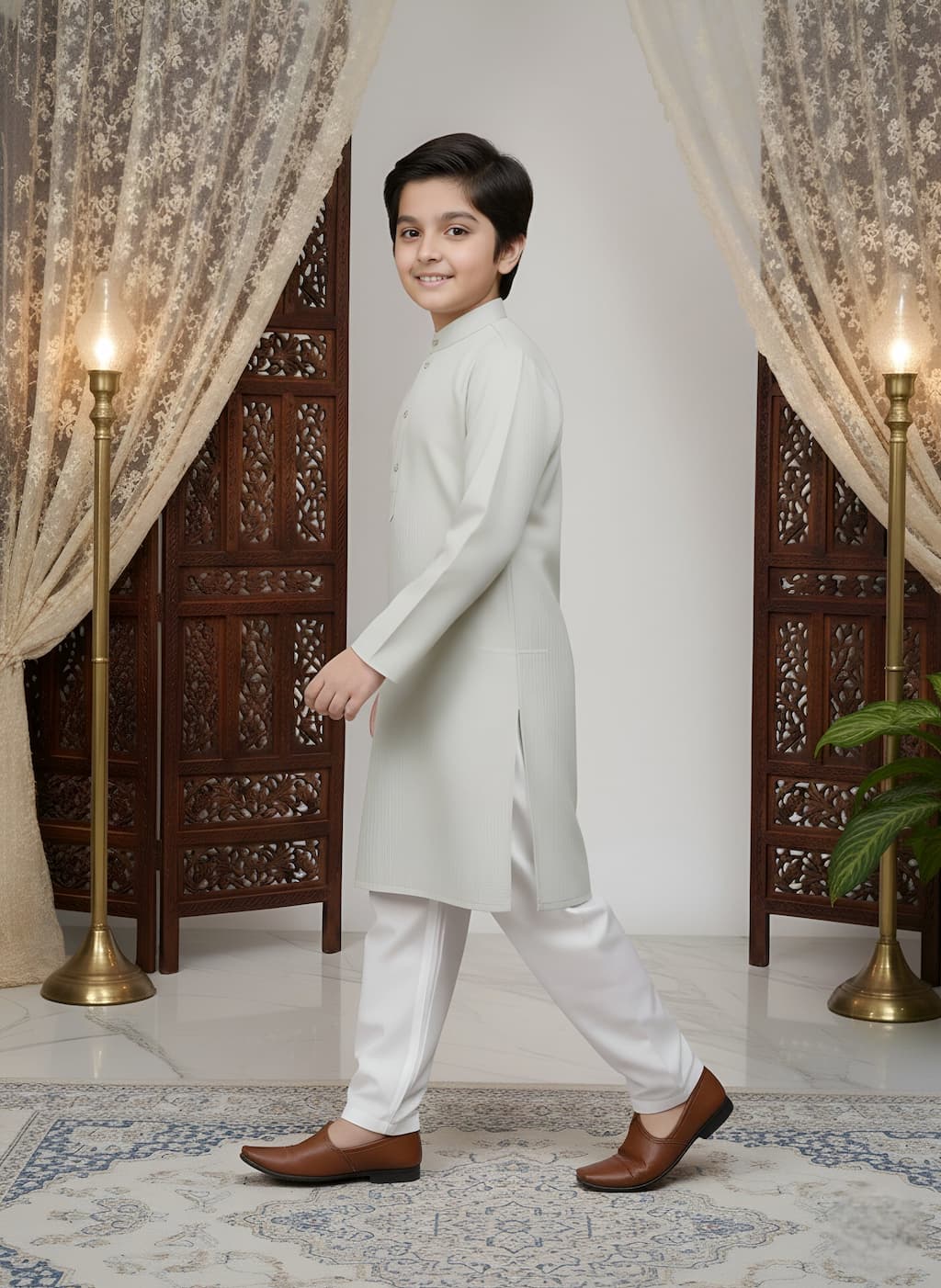 Young boy in a white kurta standing in a decorated room with curtains and lamps.