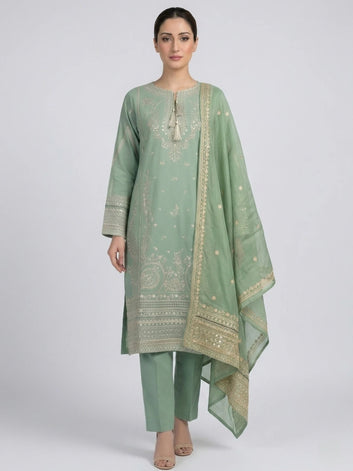 Iris 01 - 3PC Stitched Lawn Embroidered Suit - Sage Green | Sparkles Pret