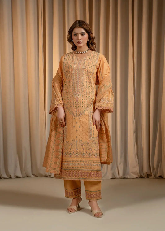 Woman wearing a traditional outfit with intricate patterns against a beige curtain background