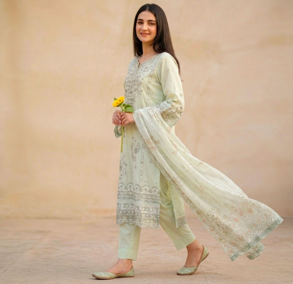 Woman in a light green embroidered outfit holding flowers against a beige background