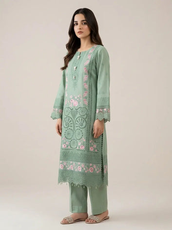 Flora 01 | 3PC Pastel Green Chikankari Cotton Lawn Stitched Ensemble