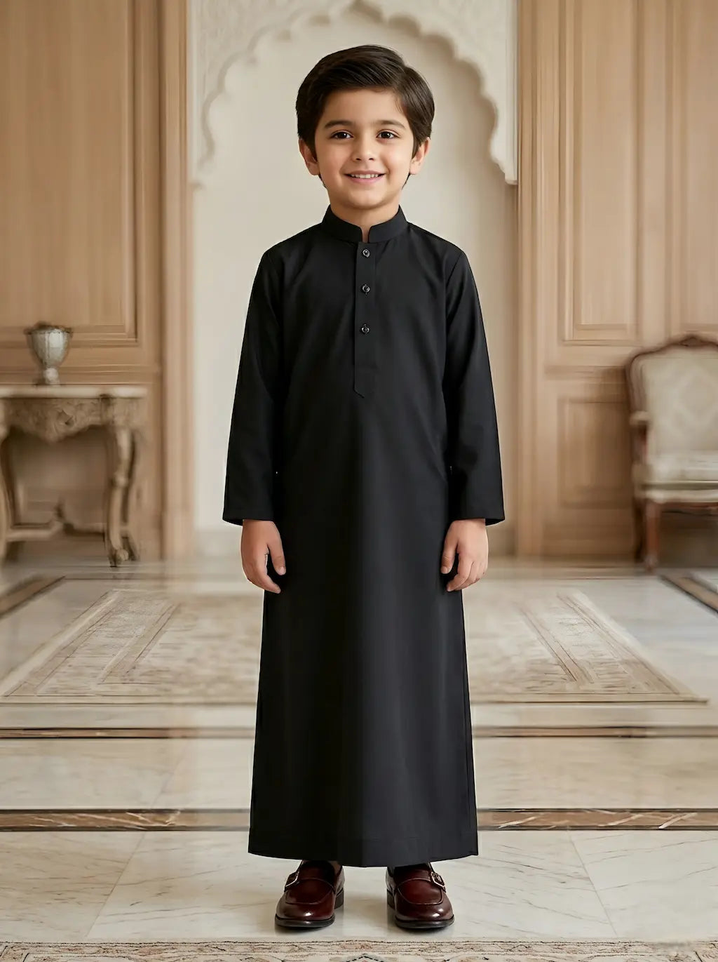 Young boy in a black traditional outfit standing in an elegant room.