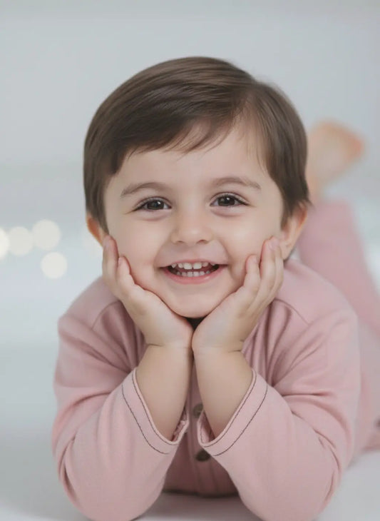 Child in a pink outfit with hands on face against a light background