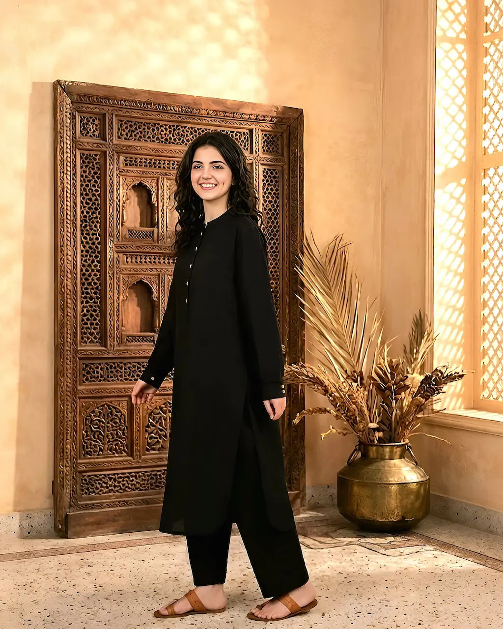 A girl in a black outfit standing in a room with decorative elements