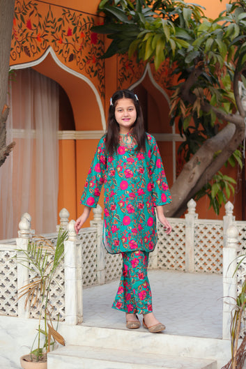 Green Rose Embroidered Short Shirt - 2pc Digital Print