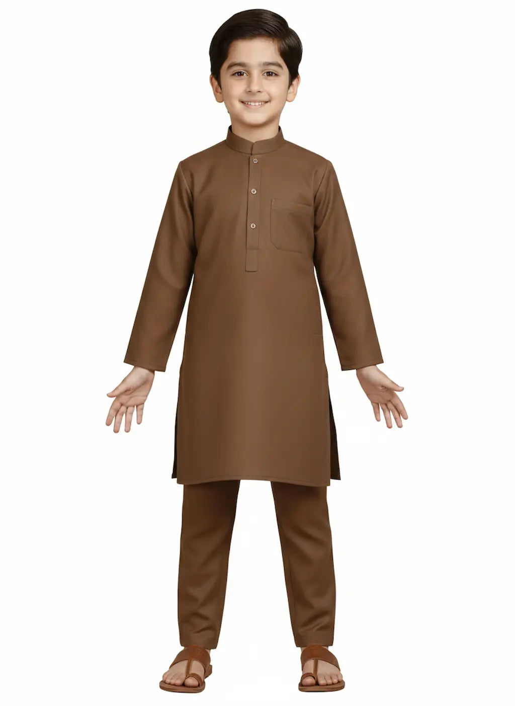 Child wearing a brown kurta with pants on a white background