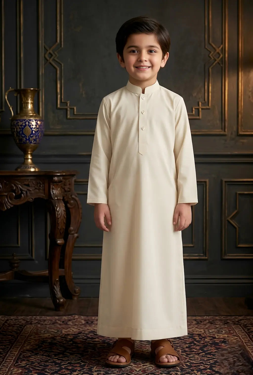 Young boy in a white traditional outfit standing in a room with decorative elements.