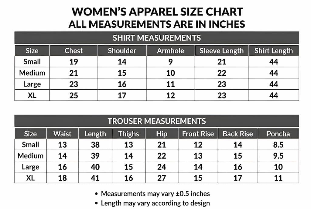 Size chart for women's apparel with measurements in inches.