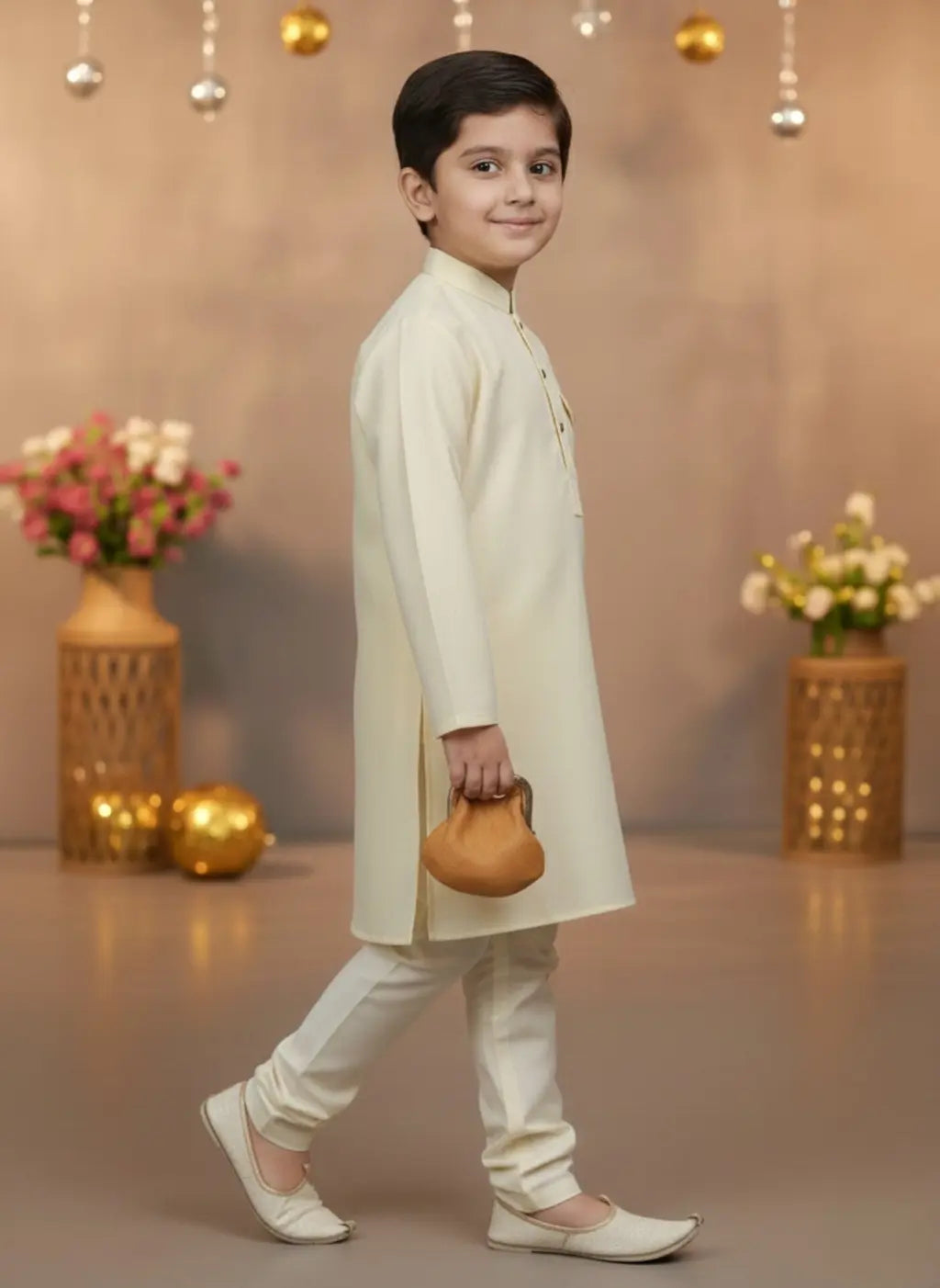 Young boy in a white kurta with a brown bag, standing in a decorated indoor setting.