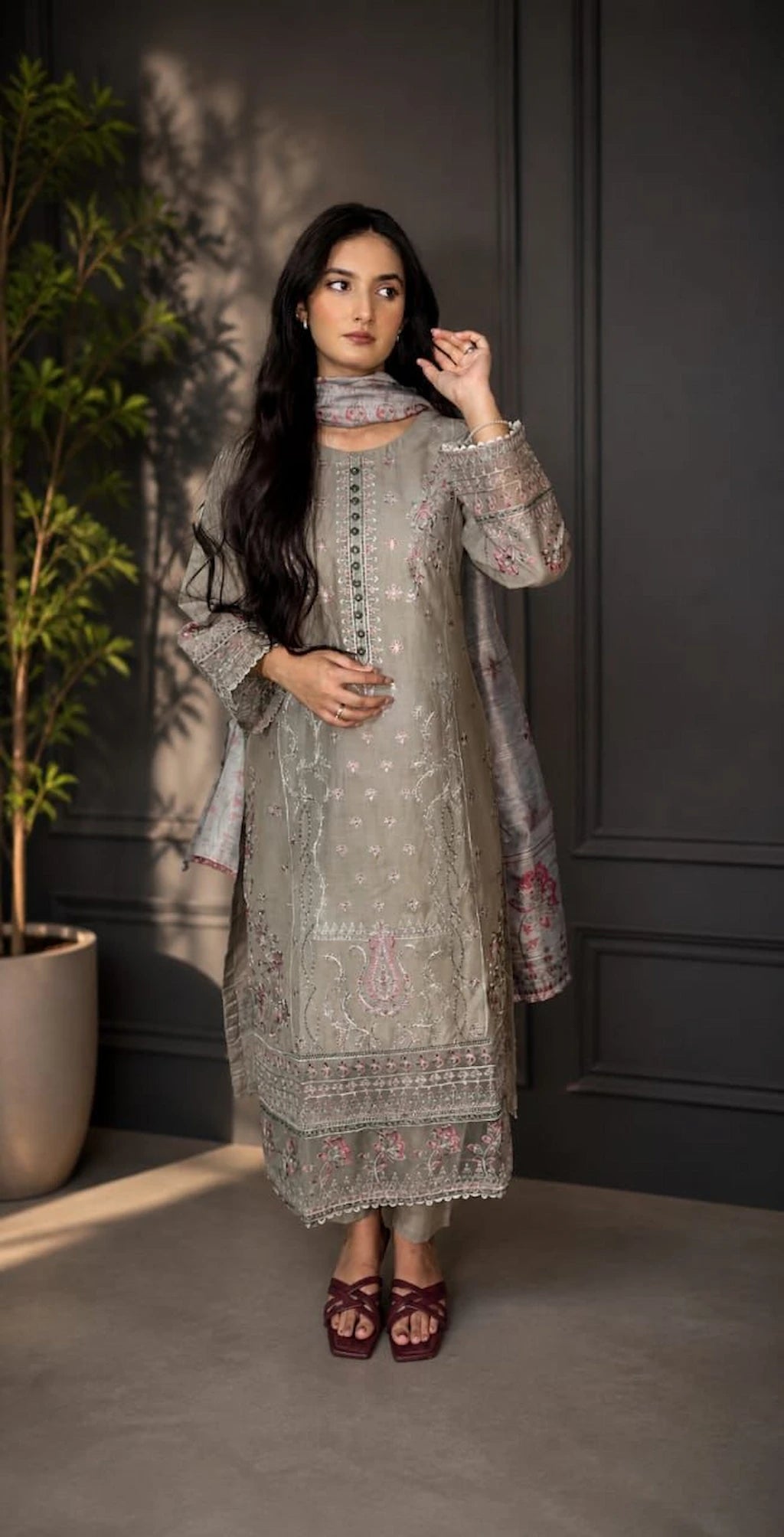Mist 02 - 3PC Stitched Dusty Brown Embroidered Cotton Lawn Suit by Sparkles Pret