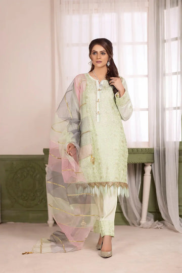 Woman wearing a light green traditional outfit with a sheer dupatta in a decorated room.