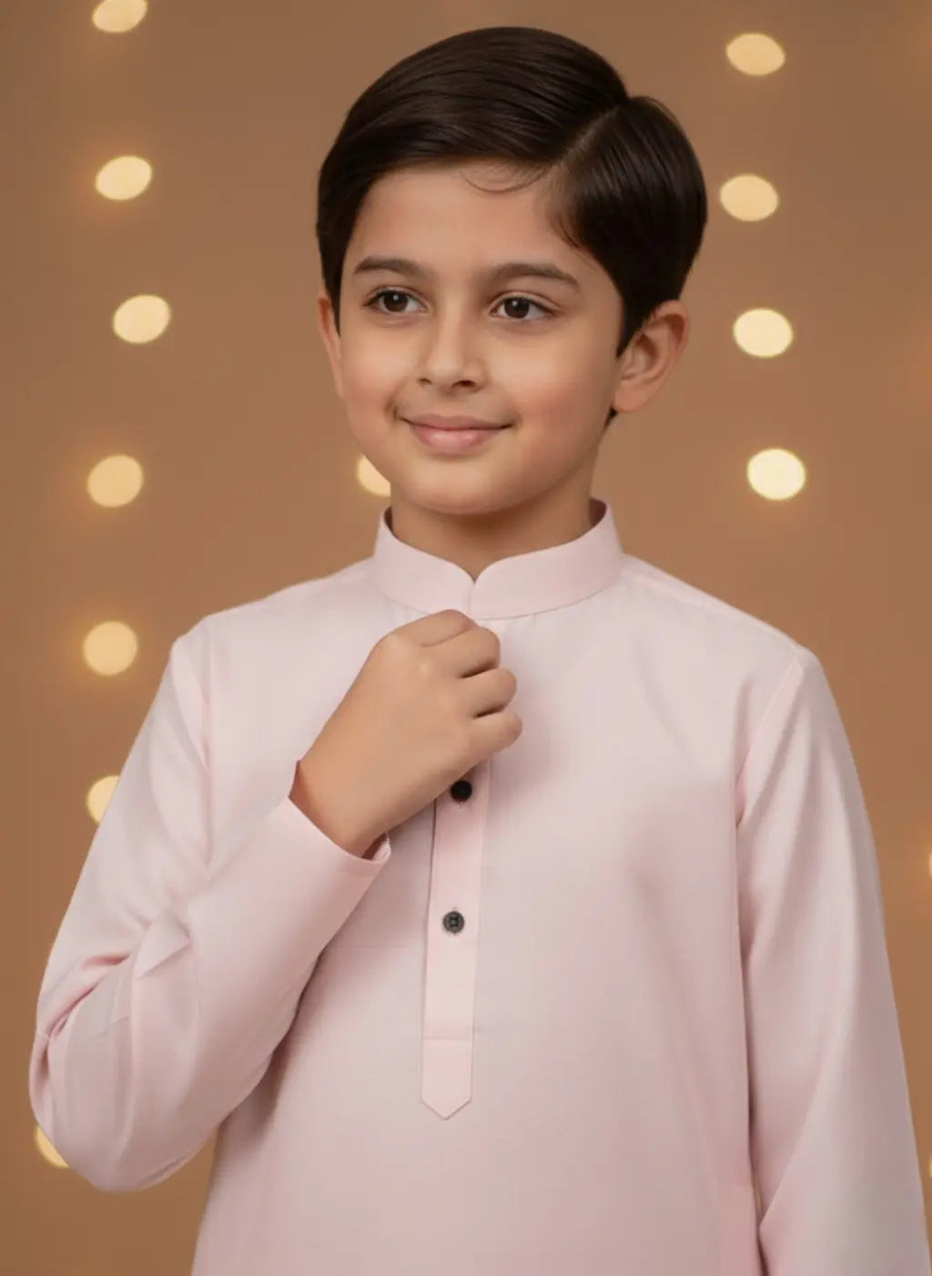 Young boy wearing a light pink traditional outfit against a warm-toned background with soft lighting.