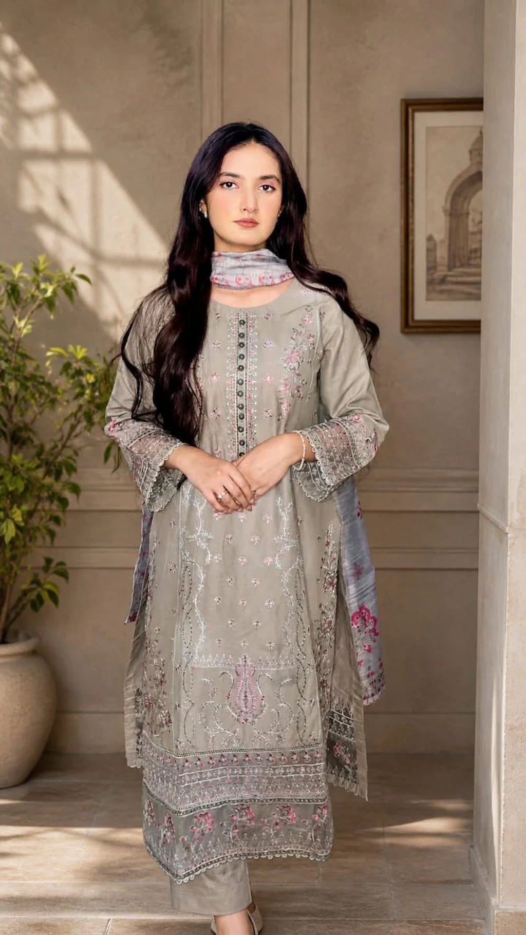 Mist 02 - 3PC Stitched Dusty Brown Embroidered Cotton Lawn Suit by Sparkles Pret