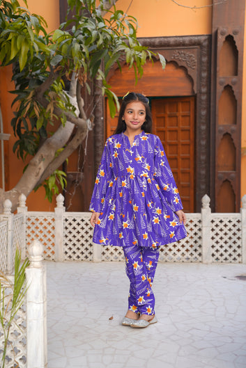 Purple Daffodil | 2pc Digital Print Short Frock