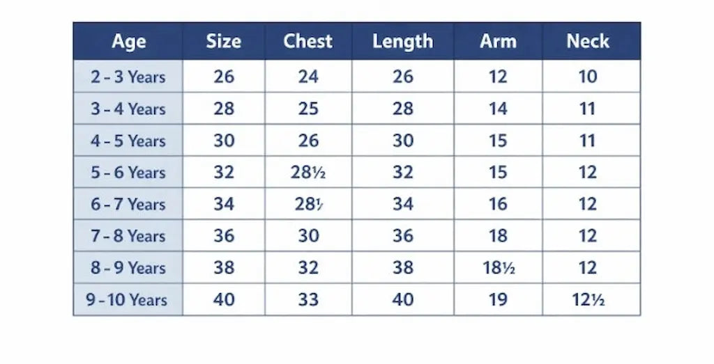 Measurement chart for children's sizes with age, chest, length, arm, and neck measurements.