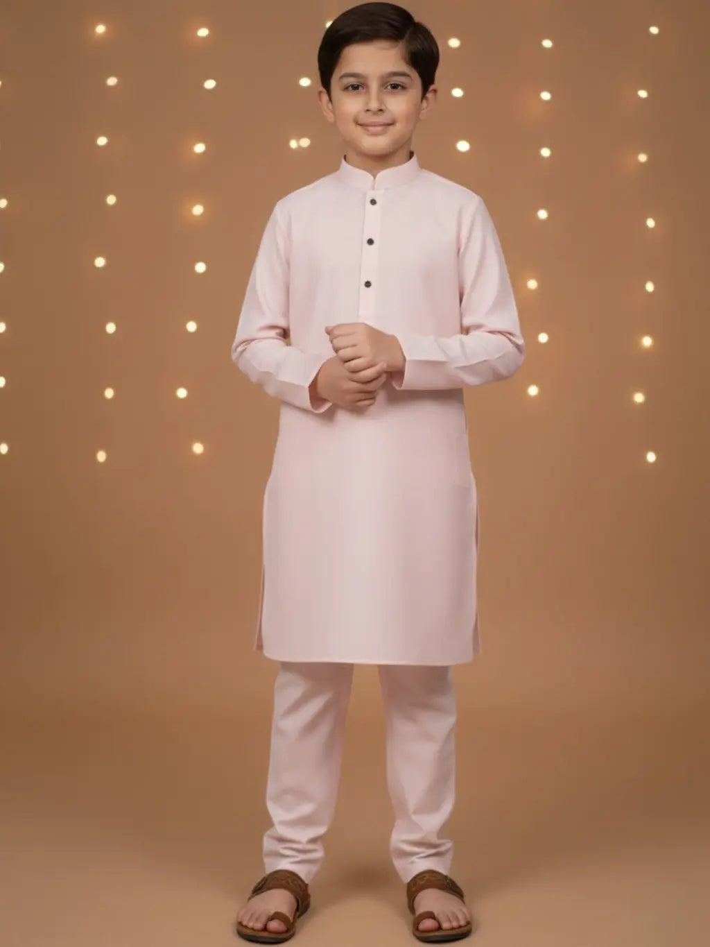 Young boy wearing a light pink kurta with white pants against a warm-toned background with string lights.