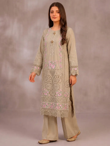 Model wearing a 3PC beige floral Chikankari embroidered cotton lawn suit with pink floral details and intricate laser-cut lace border.
