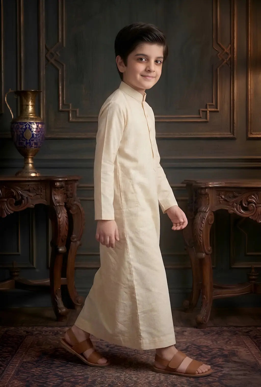 Young boy in a white traditional outfit standing in an elegant room with wooden furniture and decorative elements.