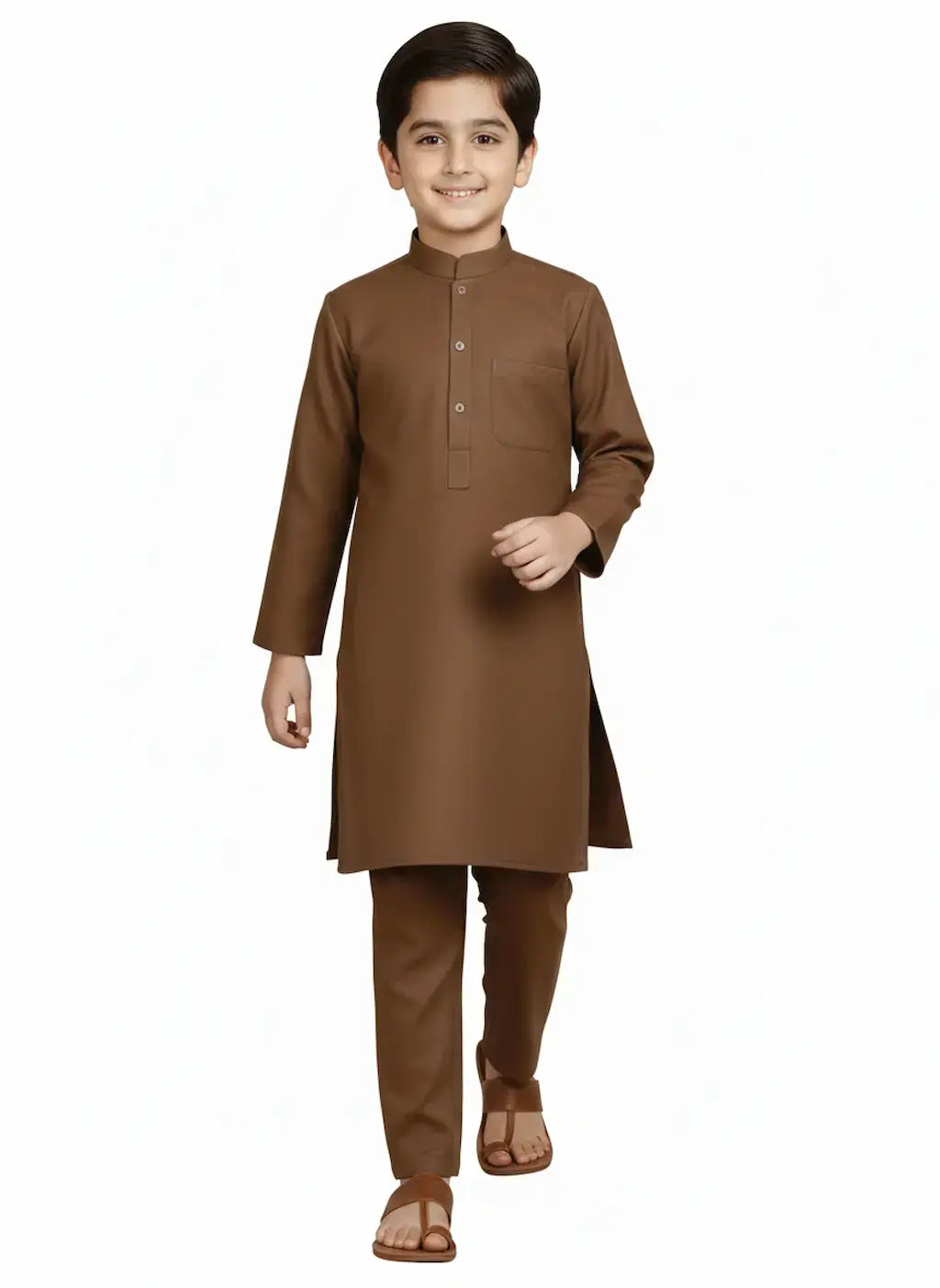 Young boy wearing a brown kurta with pants on a white background