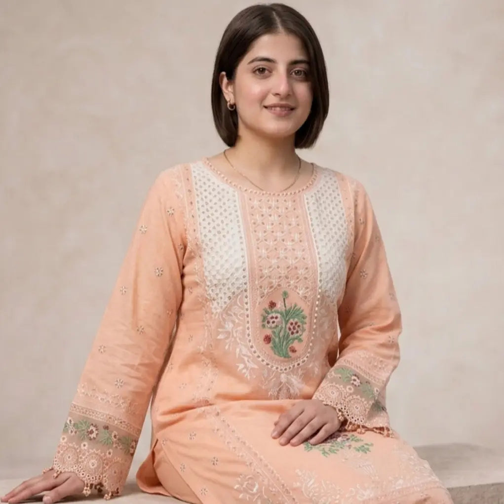 Woman wearing a peach embroidered traditional outfit against a plain background