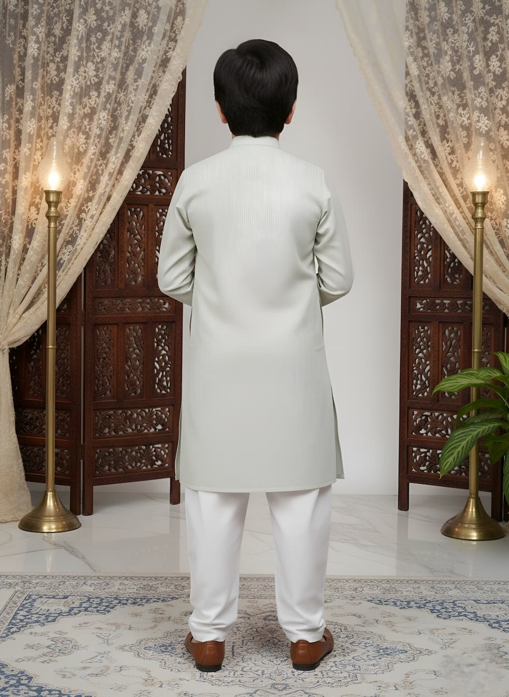 Person wearing a light-colored kurta with white pants in an elegant room with wooden panels and decorative lights.