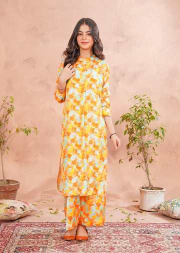 Sparkles Saffron | Digital Print Raw Silk Ensemble