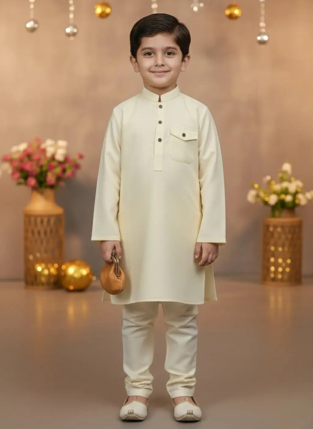 Young boy in a cream kurta with white pants standing in a decorated room.