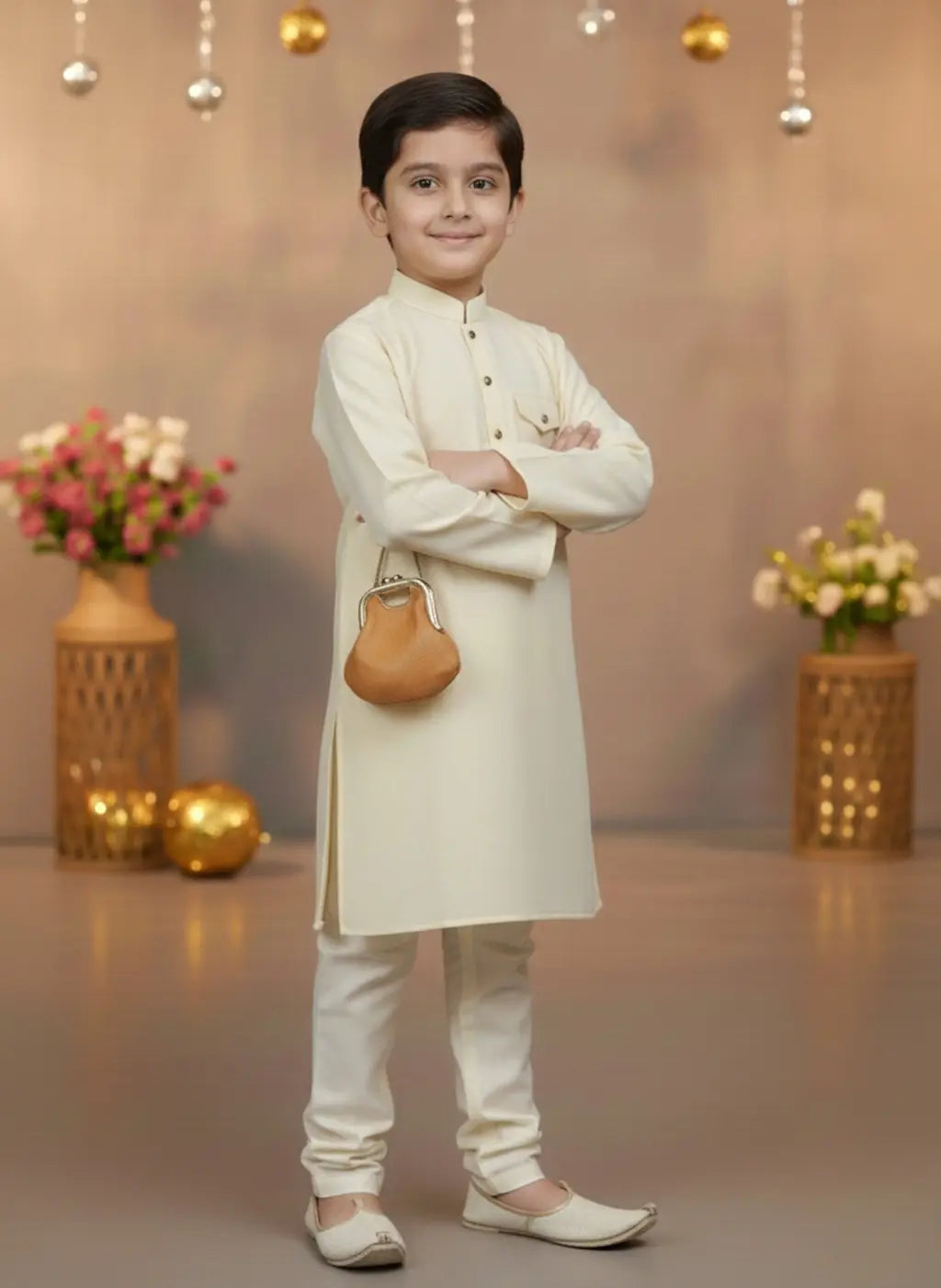 Child wearing a traditional outfit with a beige background
