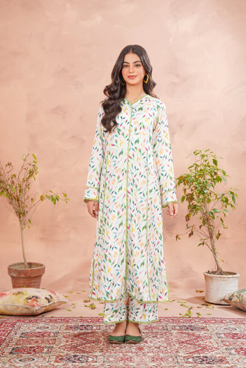Leafline - Off-White Multi Leaf Print Raw Silk Pishwas Set