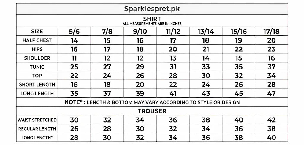 Size chart for shirts and trousers with measurements in inches, sourced from Sparklespret.pk.