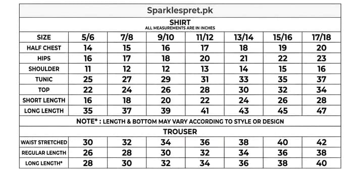 Size chart for shirts and trousers with measurements in inches, sourced from Sparklespret.pk.