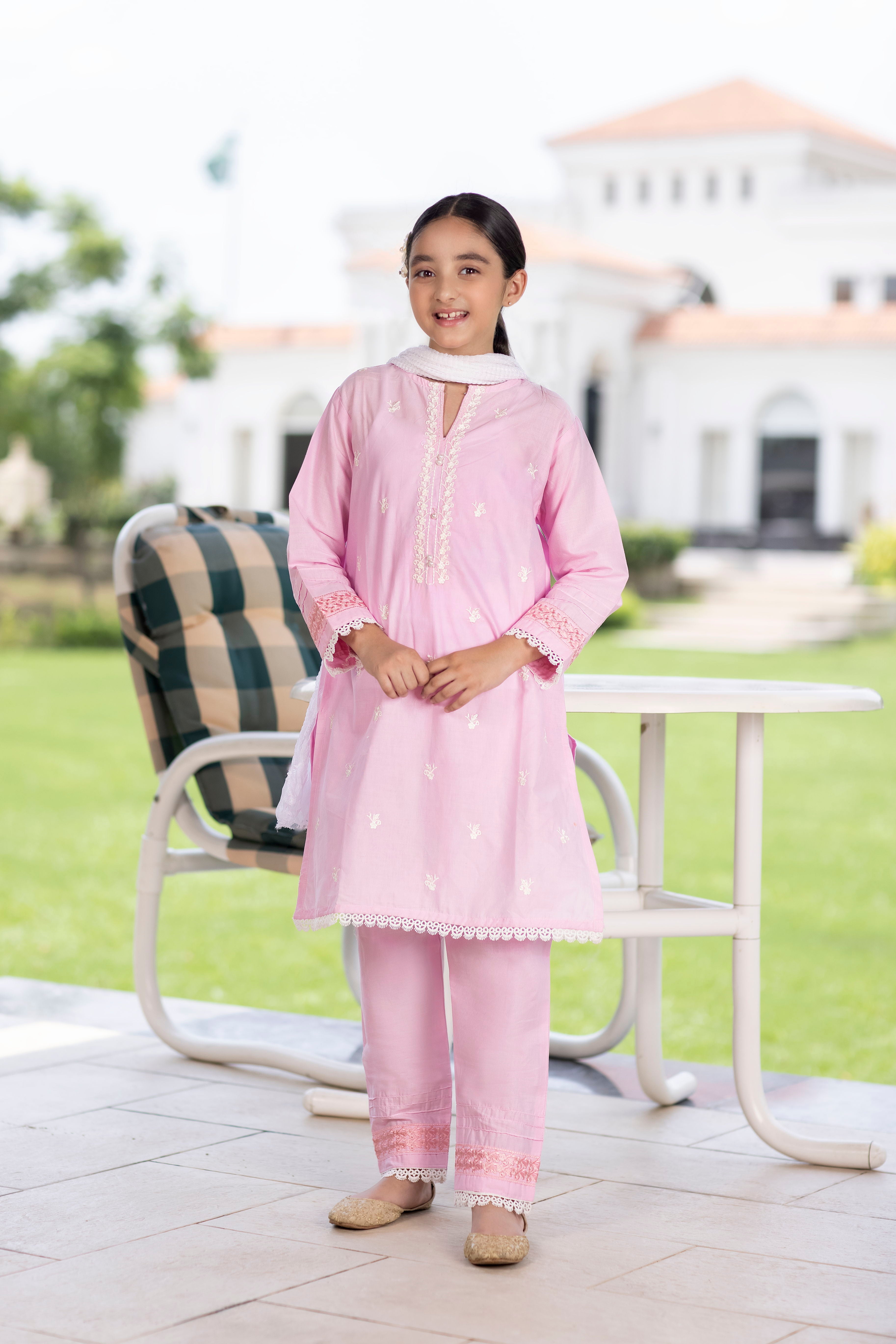 3 Piece Stitched Embroidered Dress Pink